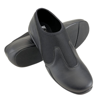 New Relevé Platinum marching shoe in black synthetic upper, featuring low-profile oxford styling, padded collar, cushioned insole, and sleek rubber outsole for performance