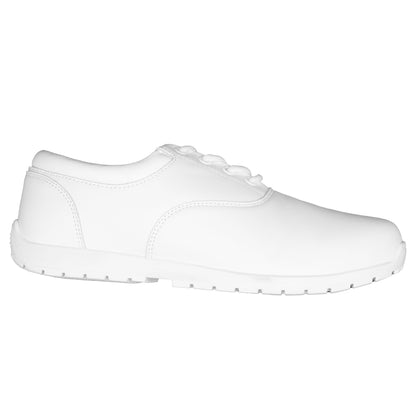 White Fanfare by DeMoulin marching band shoe featuring oxford-style closed lacing with lace keeper, padded tongue and collar, latex heel pod, molded EVA arch support, and water‑evacuation outsole with pivot ball for outstanding traction on wet grass