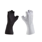 Pair of StylePlus fingerless long-wrist cotton gloves in black and white, extending past the wrist with hemmed finger openings and smooth knit fabric