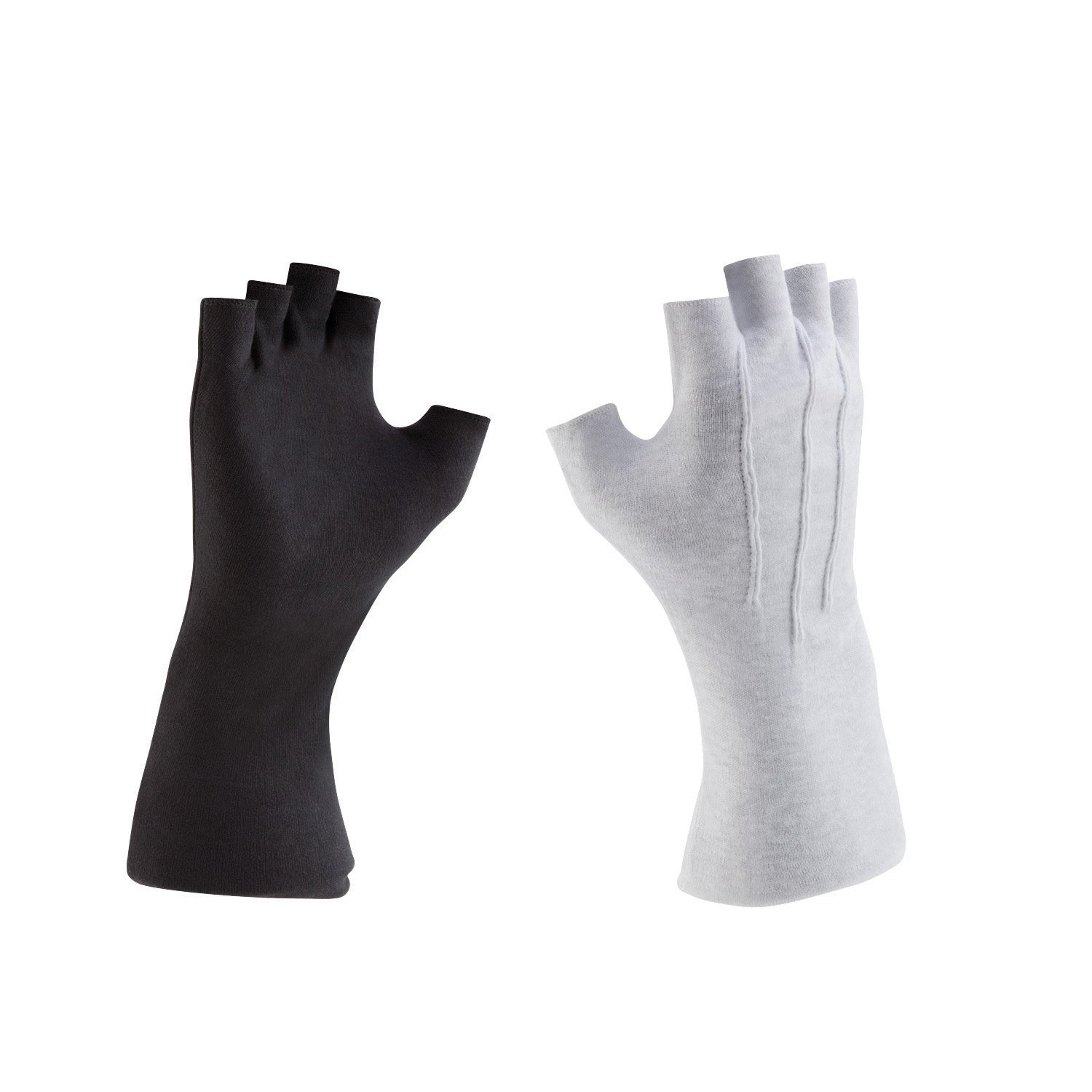 Pair of StylePlus fingerless long-wrist cotton gloves in black and white, extending past the wrist with hemmed finger openings and smooth knit fabric