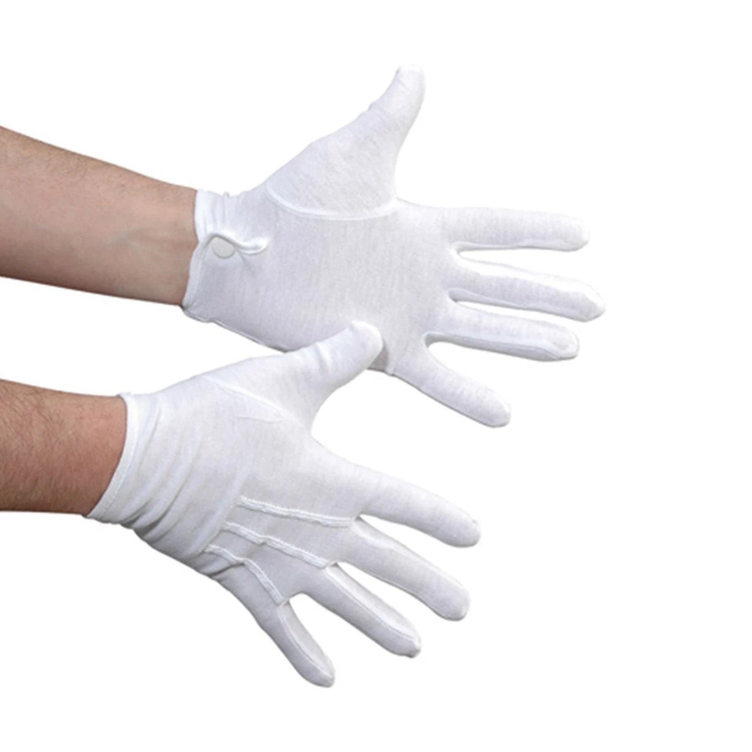 Pair of StylePlus cotton military gloves in white, full-finger cotton knit with extended wrist and single snap closure at cuff for secure fit.