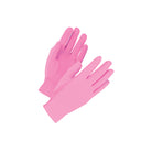 Pair of pink cotton gloves with full-finger coverage and elastic wrist cuffs, made from soft knit fabric—ideal for uniform and ceremonial use with feminine styling