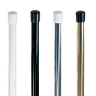 A set of four 1″-diameter 2-piece premium aluminum flag poles in anodized finishes—white, black, silver, and gold—each fitted with color-matched end caps, ideal for color guard teams seeking durable and stylish flag staff options.