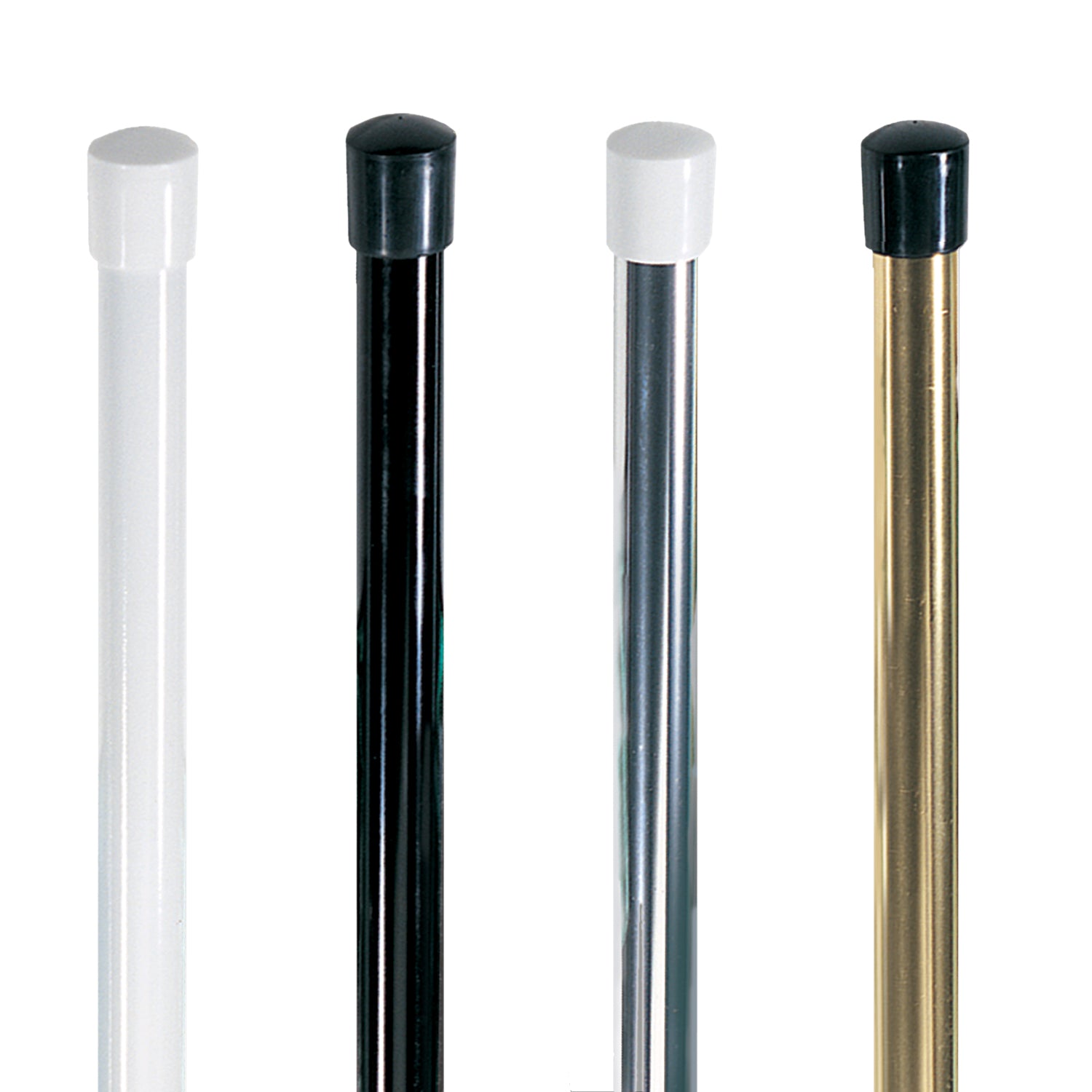A set of four 1″-diameter 2-piece premium aluminum flag poles in anodized finishes—white, black, silver, and gold—each fitted with color-matched end caps, ideal for color guard teams seeking durable and stylish flag staff options.