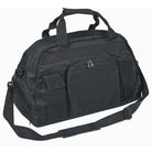 Black Super Day Pack made from 600‑denier nylon with PVC backing, featuring dual carry handles, adjustable shoulder strap, front mesh zip pocket, side pouches, and reinforced plastic bottom—ideal for storing shoes, outfit, makeup, and water bottle with compact 19″ × 11″ × 10.5″ size