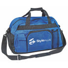 Black Super Day Pack accented with royal-blue panels, built with 600‑denier nylon and PVC backing; includes dual top handles, detachable shoulder strap, front zip pocket, side cell phone holder, and plastic base—designed for away games, practices, or campus travel