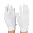 Pair of StylePlus Deluxe Sure‑Grip gloves in white stretch polyester, featuring full‑finger coverage, elastic wrist cuff, and textured palm grip dots for extra handling control