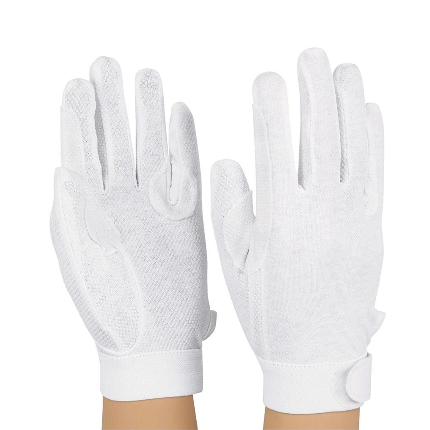 Pair of StylePlus Deluxe Sure‑Grip gloves in white stretch polyester, featuring full‑finger coverage, elastic wrist cuff, and textured palm grip dots for extra handling control