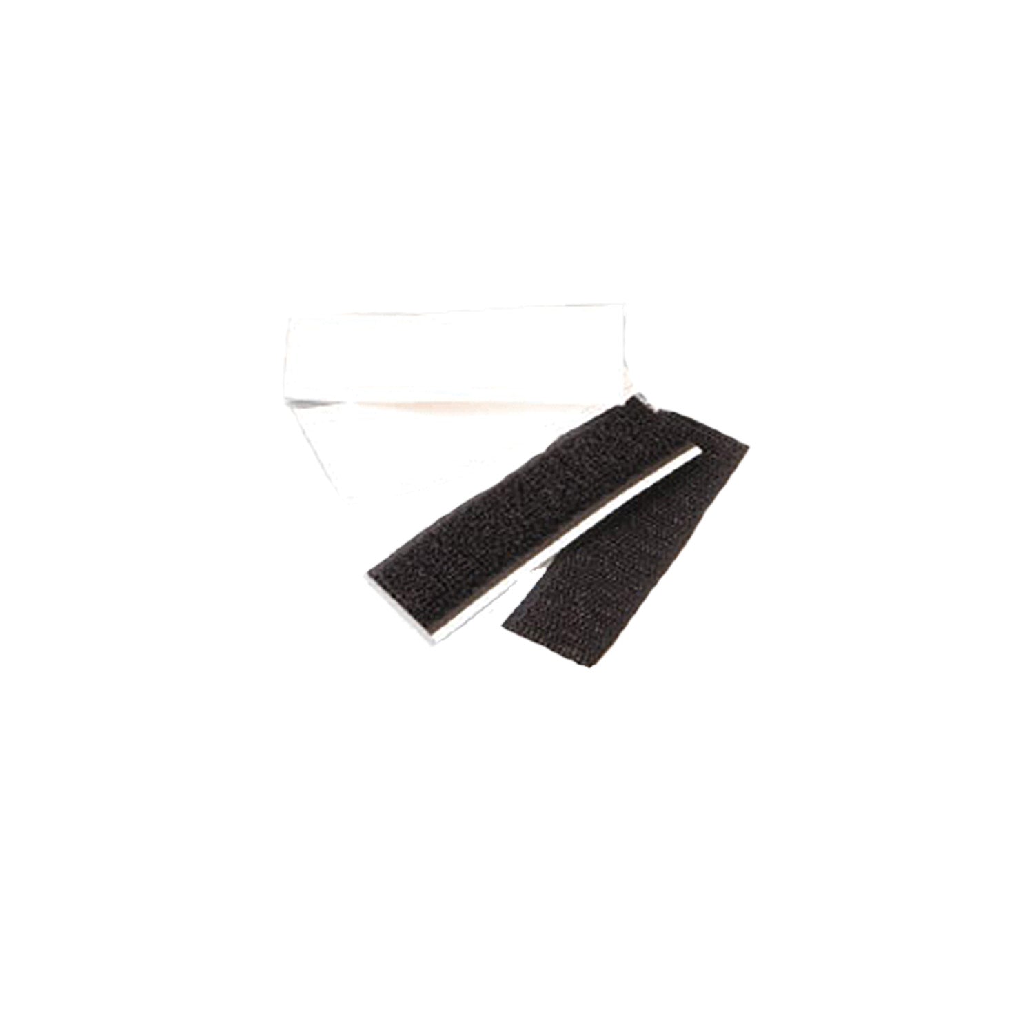 two black and white adhesive-backed Velcro hook strips, approximately 6″ long, showing tiny stiff hooks on one side and smooth backing—used to secure fabric, equipment, or banners on matching loop surfaces.