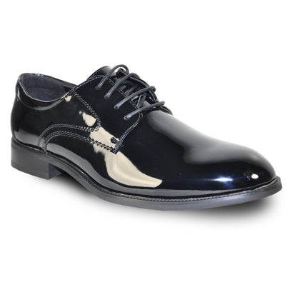 Vangelo Tux‑1 formal Tab Oxford tuxedo shoe in black patent leather, featuring square-toe lace-up styling, scuff-resistant patent finish, padded interior, stitched outsole with stapled heel for stability