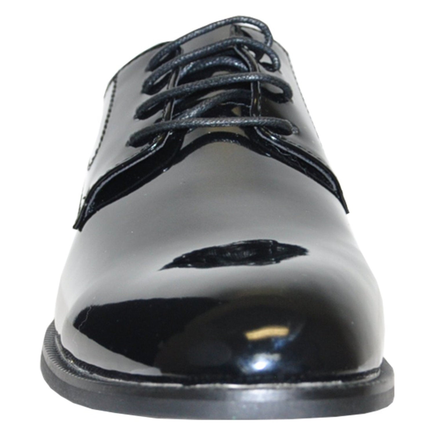 Front view of Vangelo Tux‑1 tuxedo shoe with closed rounded toe, sleek patent finish, and symmetrical lacing centered on low-profile oxford silhouette
