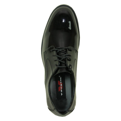 Top view of Vangelo Tux‑1 Tab Oxford tuxedo shoe in black patent leather showing rounded square toe, smooth glossy upper, and stitched lace panel for polished formalwear.