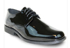 Vangelo Tux‑1 tuxedo dress shoe in black patent finish with lace‑up oxford styling, sleek moc‑toe silhouette, and stitched low heel for formal wear.