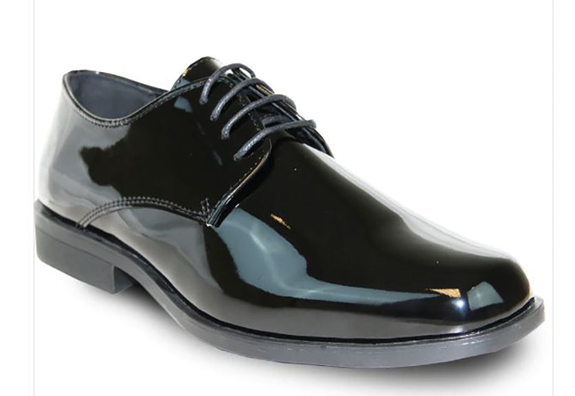 Vangelo Tux‑1 tuxedo dress shoe in black patent finish with lace‑up oxford styling, sleek moc‑toe silhouette, and stitched low heel for formal wear.