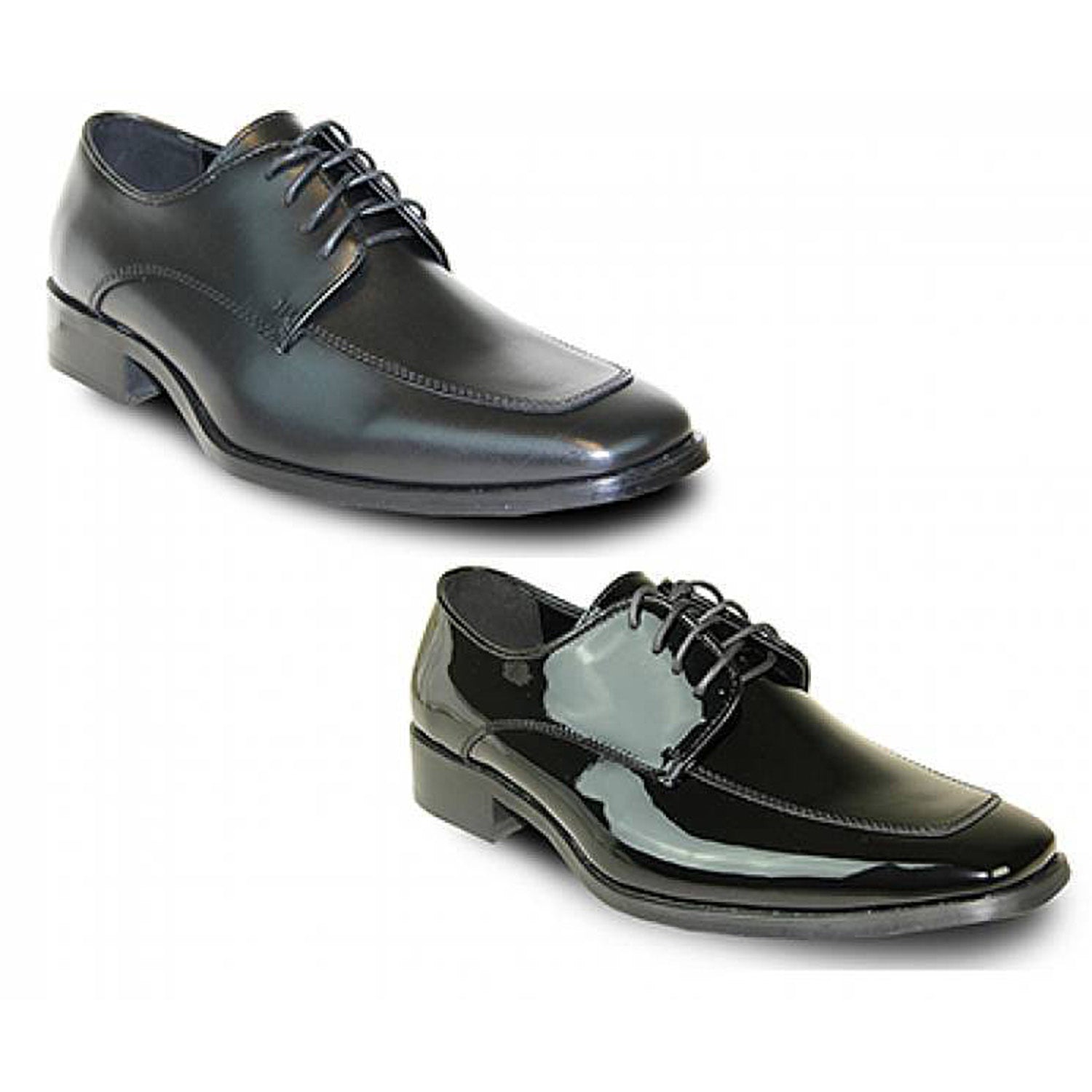 Men’s Tux 3 oxford-style tuxedo shoe in black patent (or matte) finish, featuring fashion moc-toe styling, lace-up closure, and premium cushion insole for comfort.
