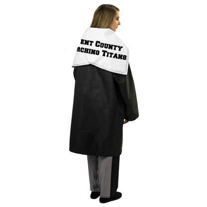 Vivace long black raincoat with Thinsulate lining, worn by model, featuring full-length front zipper with storm flap, attached hood with drawcord, and two flap pockets—designed to be worn over uniforms for insulated wet-weather protection. also available in navy