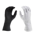 Pair of StylePlus long-wrist cotton gloves in white and black, featuring full-finger coverage, extended wrist length, and tightly knit cotton fabric for uniform use