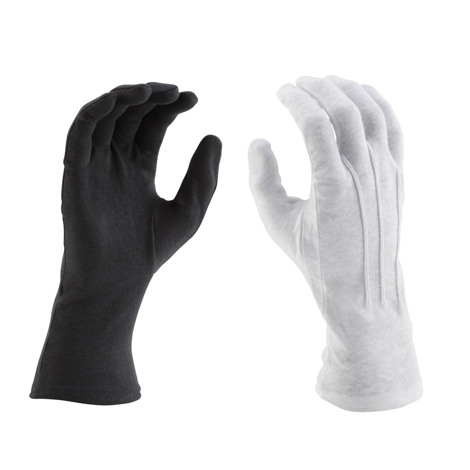 Pair of StylePlus long-wrist cotton gloves in white and black, featuring full-finger coverage, extended wrist length, and tightly knit cotton fabric for uniform use