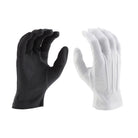 Pair of Vivace short wrist cotton gloves in black and white, palm-side out, showing full-finger coverage, snug elastic wrist cuff, and dot-pattern PVC grip surface designed for secure flag and equipment handling