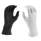 Pair of Vivace long-wrist cotton gloves in black and white, featuring full-finger coverage, extended wrist knit cuff, and densely patterned PVC grip dots on palm and fingers—designed for secure flag, baton, and equipment handling.