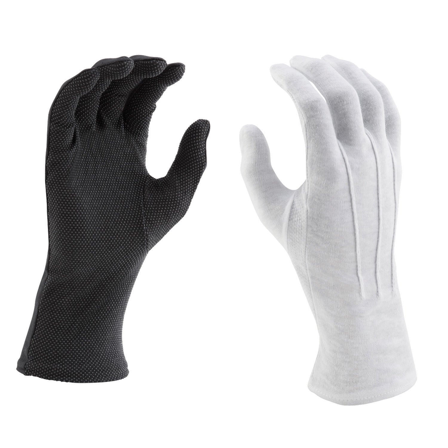 Pair of Vivace long-wrist cotton gloves in black and white, featuring full-finger coverage, extended wrist knit cuff, and densely patterned PVC grip dots on palm and fingers—designed for secure flag, baton, and equipment handling.
