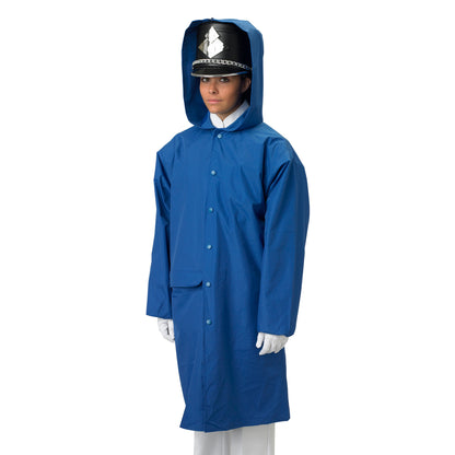 Model wearing royal-blue Vivace Dry-Pack raincoat with roomy hip-length cut, sailor-collar hood, front snap closure, elastic sleeve cuffs, and water-resistant PVC-coated Taslan shell designed to fit over marching uniforms. also available in navy, royal, red, and black