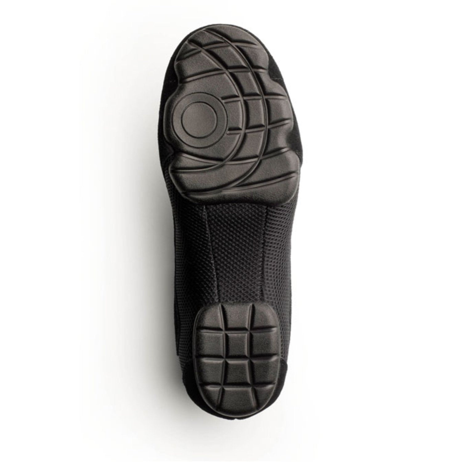 Sole view of Dinkles Accent guard shoe showing full rubber PU sole pads with sewn split‑sole pattern, circular pivot zone, and deep traction grooves for indoor/outdoor use