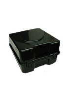 black Plasti‑Pak cylinder shako box with black snap-on lid and reinforced base, sized for standard marching shakos—provides durable protection and easy transport
