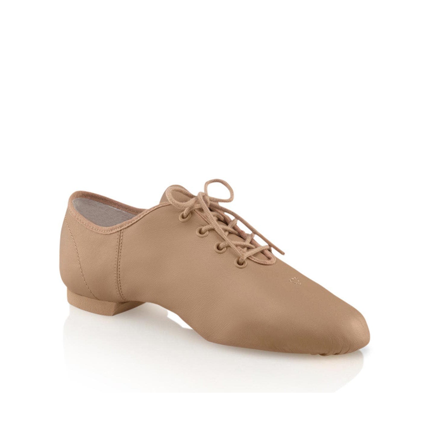 E‑Series Jazz lace‑up shoe in caramel with full cotton laces, soft leather upper, split‑sole construction, and padded collar for flexible support in jazz and dance performances.