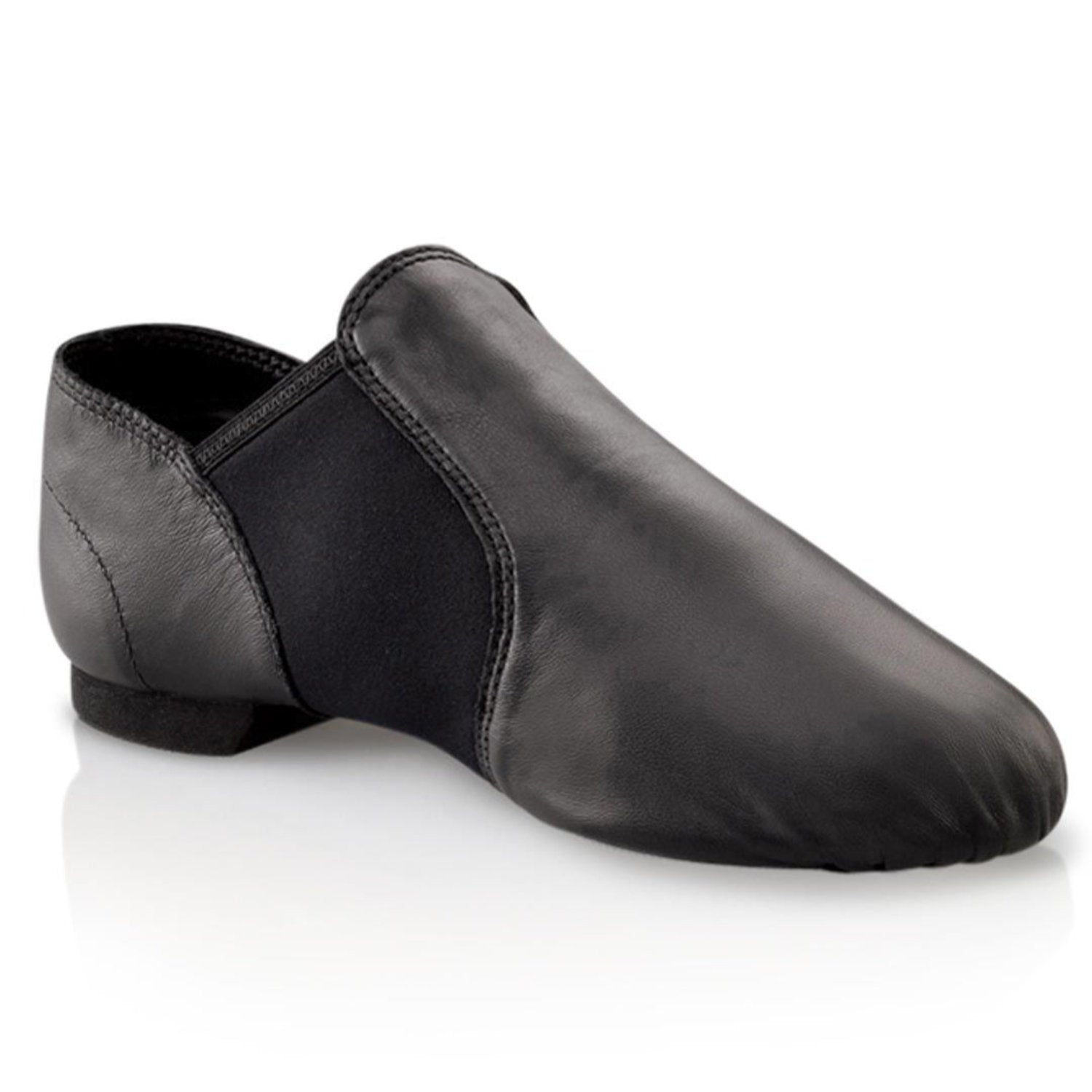 Capezio E‑Series Jazz slip‑on in black leather with elastic side panels, split‑sole design, padded collar and heel counter, perfect for dance and practice.