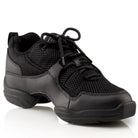 Capezio Fierce™ Dansneaker in black featuring tech‑mesh and PU leather upper, sporty lacing, padded collar, and split‑sole flexible outsole with pivot point for dance turns.