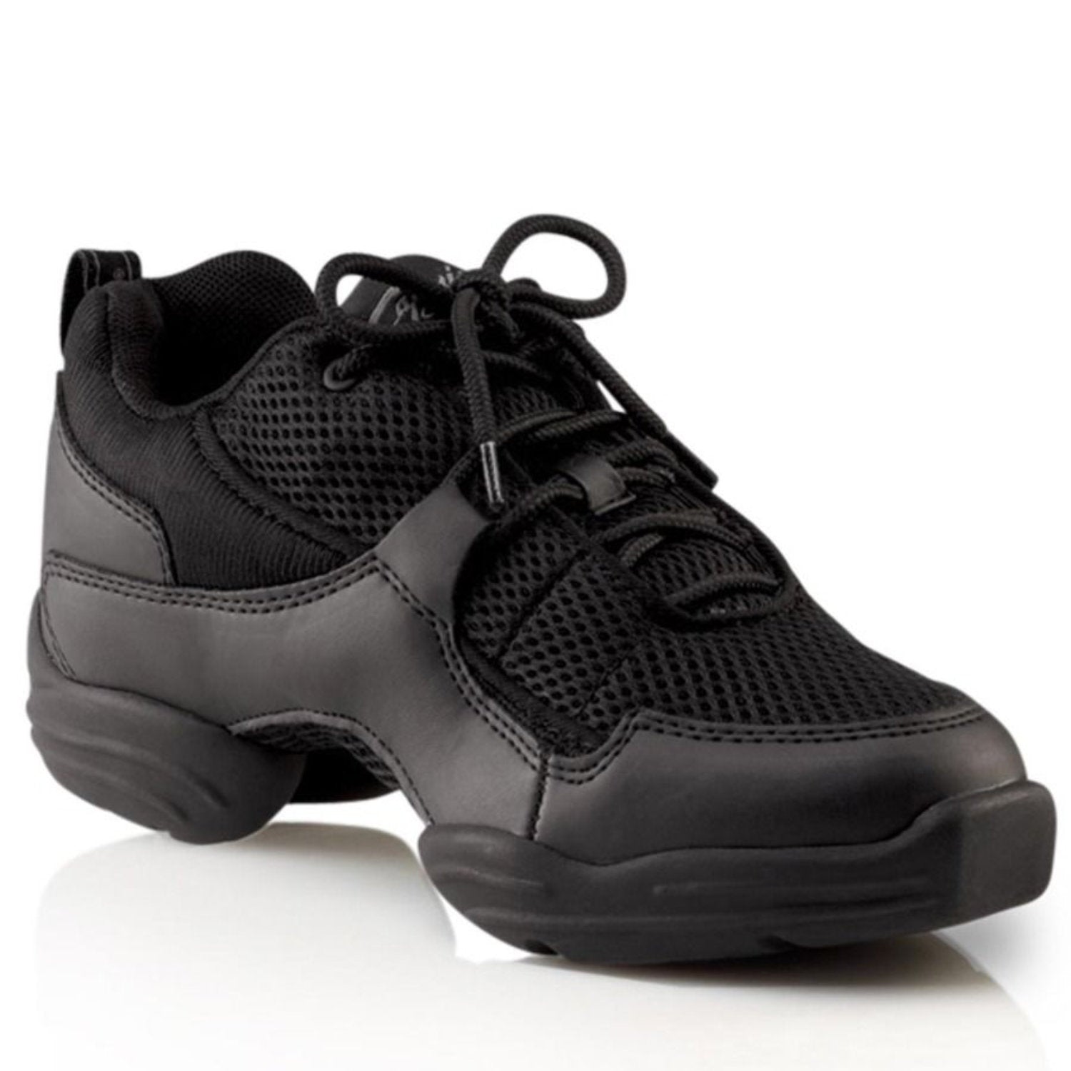 Capezio Fierce™ Dansneaker in black featuring tech‑mesh and PU leather upper, sporty lacing, padded collar, and split‑sole flexible outsole with pivot point for dance turns.