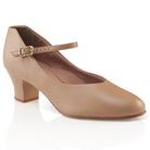 Sole view of Jr. Footlight character shoe featuring scored leather outsole and 1.5″ plastic heel with leather-wrapped top lift for traction and stability.