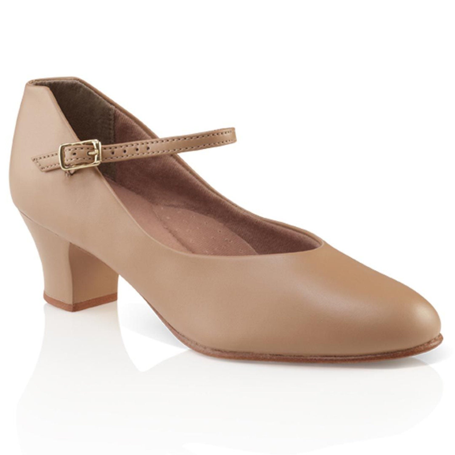 Sole view of Jr. Footlight character shoe featuring scored leather outsole and 1.5″ plastic heel with leather-wrapped top lift for traction and stability.