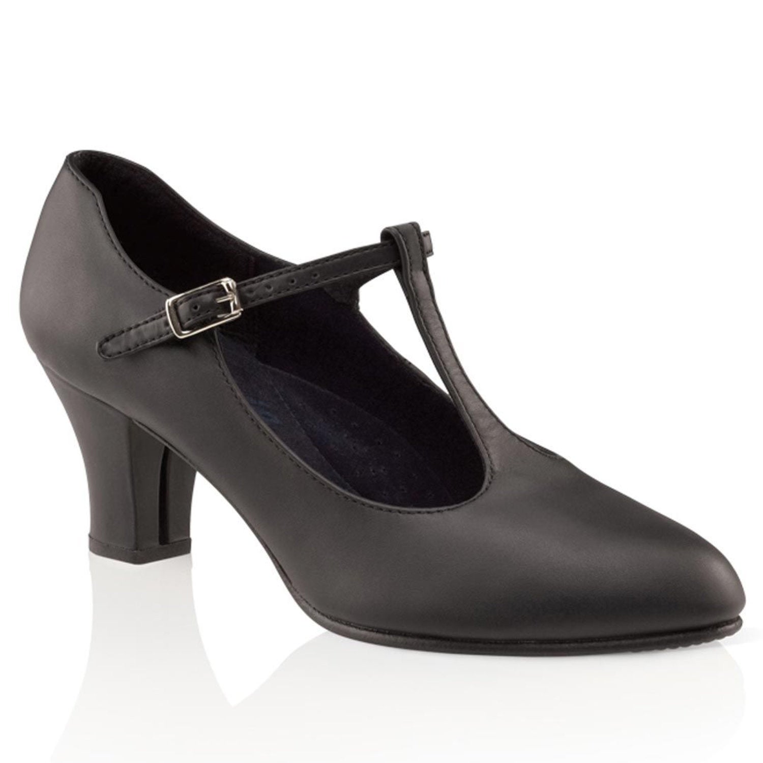 Pair of Jr. Footlight T‑Strap shoes in black and caramel, featuring tapered toe box, closed sides, and non‑slip heel with leather top lift for stability.