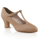 Pair of Jr. Footlight T‑Strap shoes in black and caramel, featuring tapered toe box, closed sides, and non‑slip heel with leather top lift for stability.
