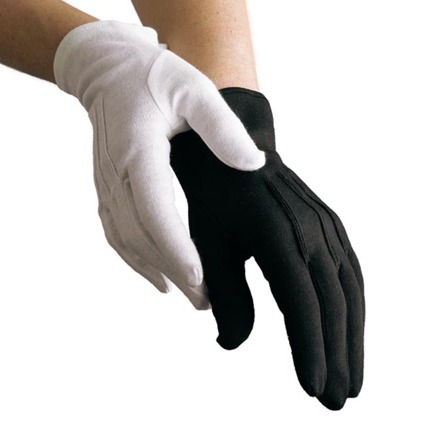 Palm-side close-up of Dinkles cotton glove displaying soft woven texture, stitched finger seams, and elastic cuff—classic formal band glove style.