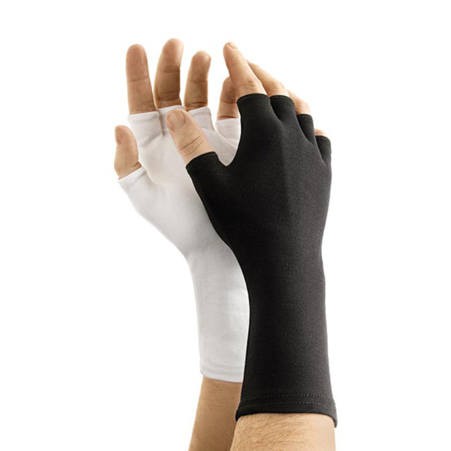 Model’s hands wearing Dinkles nylon half‑finger long‑wrist gloves, showing snug fit around fingers and wrist, smooth palm reinforcement, and breathable stretch nylon back.