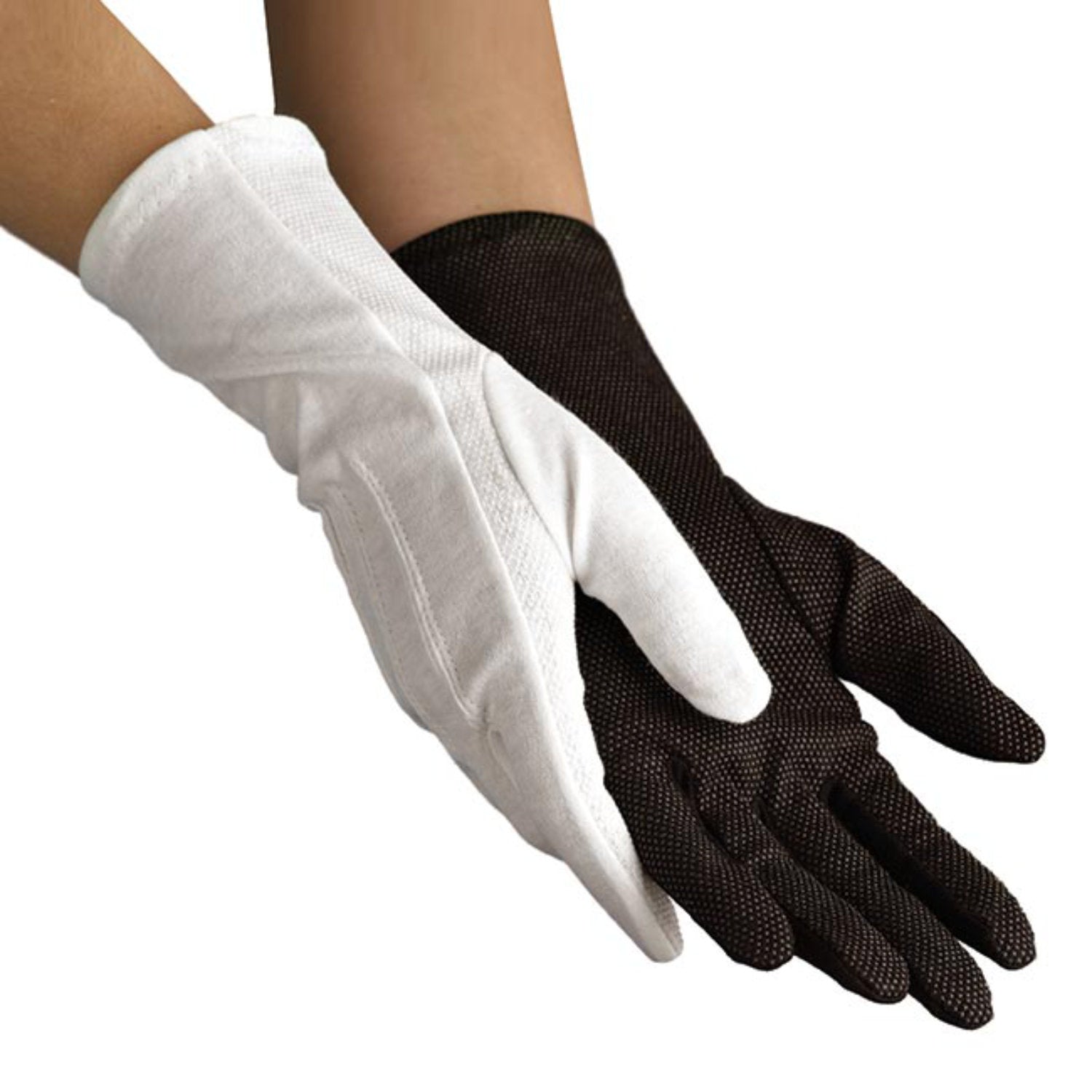 Pair of Dinkles Long‑Wrist Sure‑Grip gloves in black or white nylon, featuring full-finger coverage, extended wrist cuff, and reinforced palm grip patches.