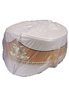 Side view of DeMoulin shako cover showing snug fit over hat crown, chrome trim reflecting light, and elastic base, highlighting protective, form-fitting design