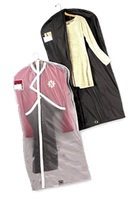 Clear vinyl 65‑inch garment bag showing full-length diagonal zipper, top hanger opening, and mesh backing—containing a marching uniform to illustrate storage and protective use