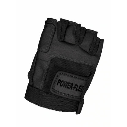 StylePLUS Power‑Flex fingerless glove in black stretch Lycra displayed flat with exposed fingertips, reinforced palm grip patch, and elastic cuff for secure guard and flag handling.