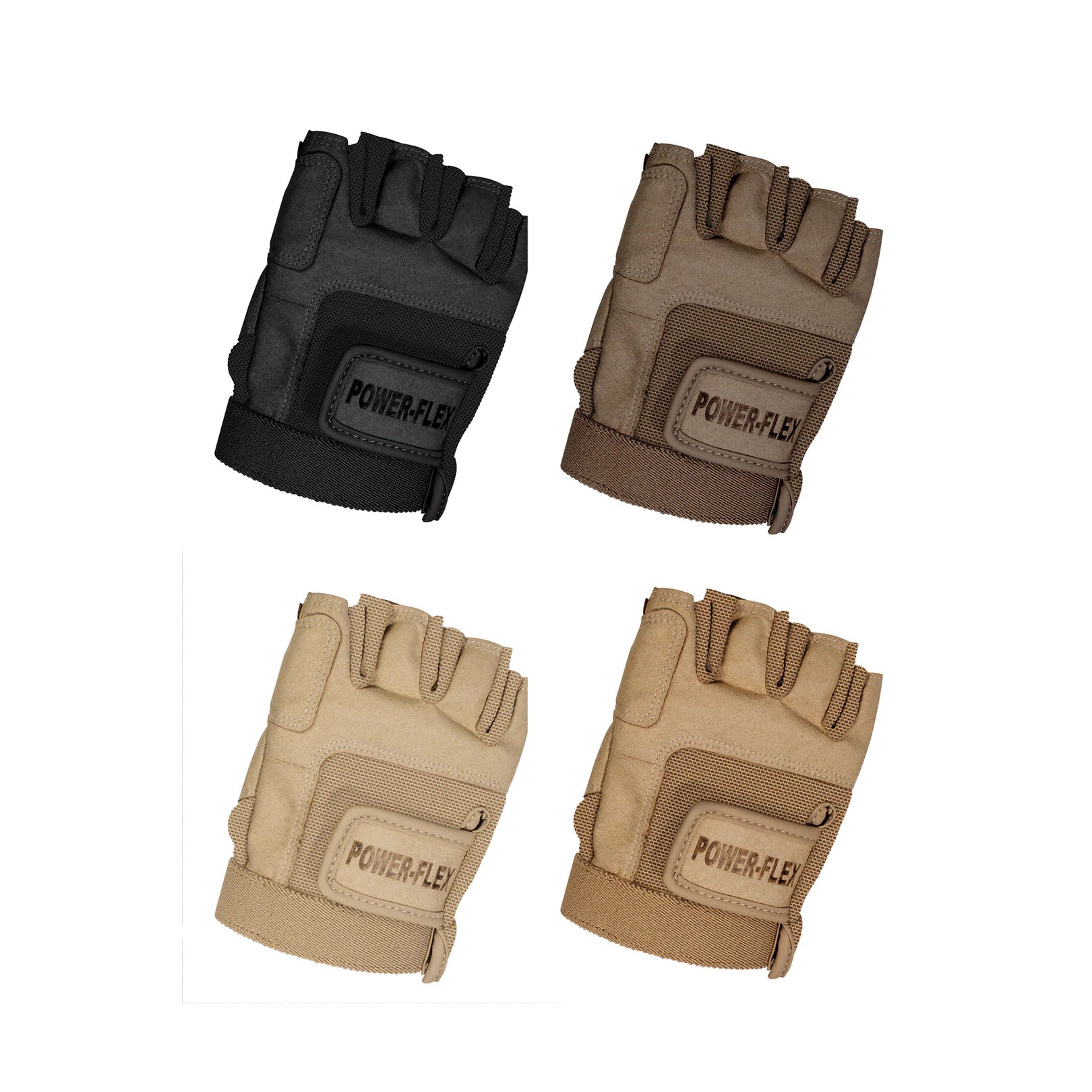 StylePLUS Power‑Flex fingerless glove in black, light, medium, and dark tan stretch Lycra displayed flat with exposed fingertips, reinforced palm grip patch, and elastic cuff for secure guard and flag handling.