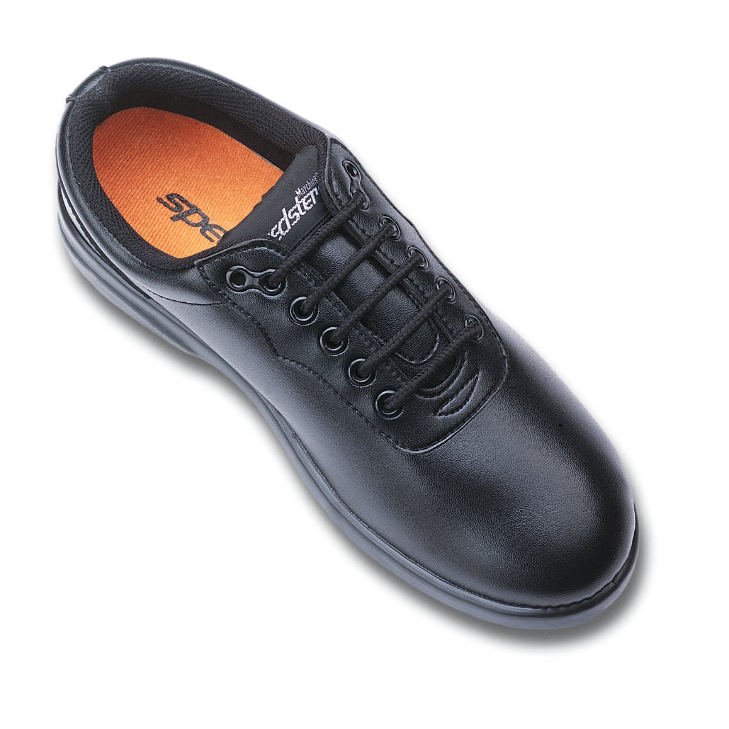 Speedsters marching shoe in black vinyl featuring low-profile lace-up oxford styling, padded tongue and collar, and durable high-traction outsole with pivot disc for secure drill performance. Available in white 