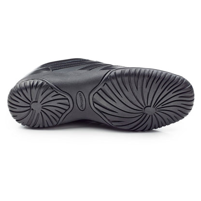 Sole view of Dinkles Spin showing smooth rubber split‑sole with pivot circle and segmented flex grooves for fluid spins and high-impact performance.