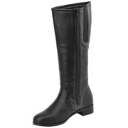 Side view of black Gotham Dallas Team Boot showing inside zipper, elastic stretch panel, and neat stitching along calf-high shaft.