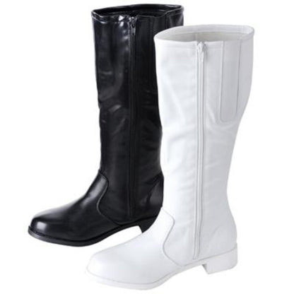 Gotham Dallas Team Boots in black and white soft vinyl, knee‑high with inside zipper, cushioned footbed, and low block heel—ideal for majorette and color guard