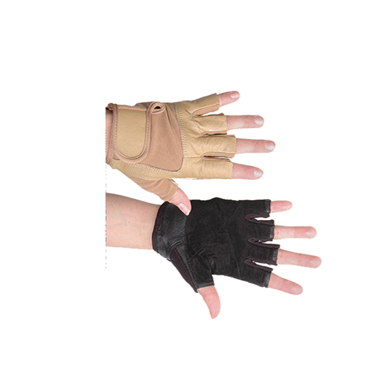 Pair of Talon fingerless nylon gloves in blackor nude, with cut-away fingertips, reinforced padded palm, and elastic wrist cuff for secure and flexible usePalm-side view of Talon gloves showing stitched padding across palm and base of fingers, open fingertips, and smooth nylon construction.