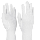 Long-wrist nylon stretch glove in solid white color, laid flat showing full-length palm coverage, smooth elastic wrist cuff extending toward forearm, and seamless fingertip design