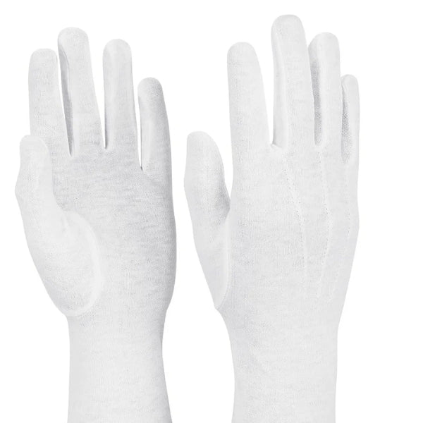Long-wrist nylon stretch glove in solid white color, laid flat showing full-length palm coverage, smooth elastic wrist cuff extending toward forearm, and seamless fingertip design